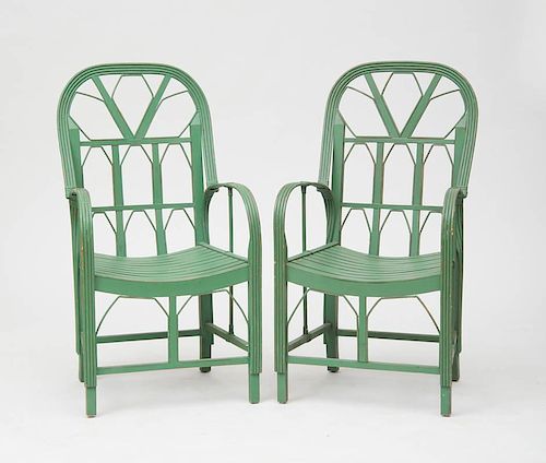 PAIR OF GREEN PAINTED WOOD AND BENT WILLOW ARMCHAIRS