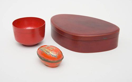 JAPANESE RED LACQUERED TEA BOWL AND A FRENCH PORCELAIN HINGED EGG-SHAPED BOX