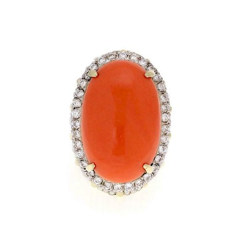 Vintage 1ct Diamond Coral 14k Gold Oval Ring