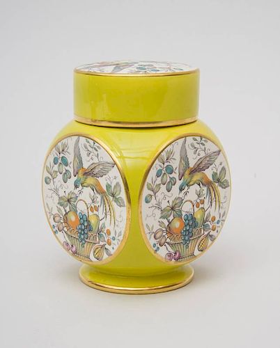 SMALL ENGLISH PAINTED AND PARCEL-GILT CARLTONWARE CANISTER WITH LID