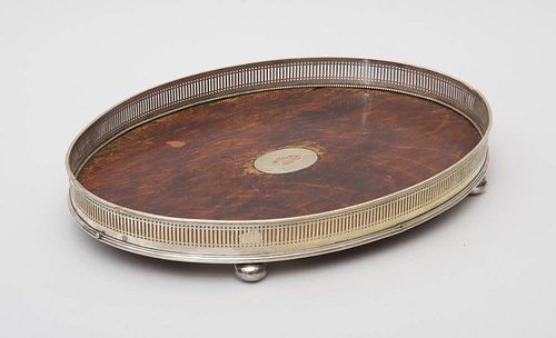 SILVER-PLATED BANDED AND OAK-INSET FOOTED GALLERIED TRAY, 20TH CENTURY