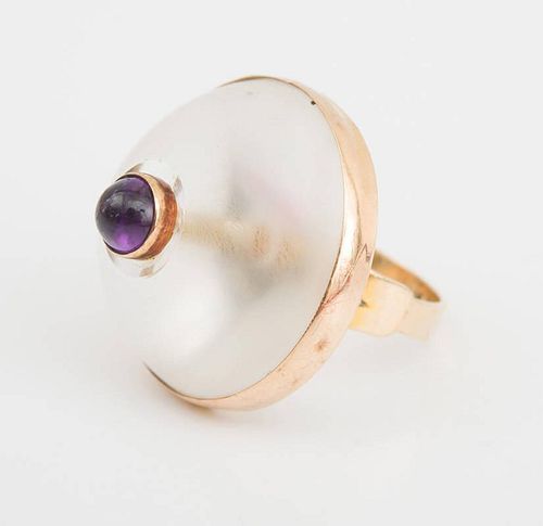 14K YELLOW GOLD ROCK CRYSTAL AND AMETHYST RING