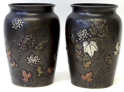 A Pair of Japanese Bronze Flower Vases