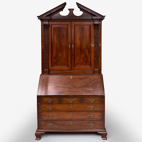 Fine and Rare Chippendale Carved Mahogany Slant-Front Secretary Bookcase