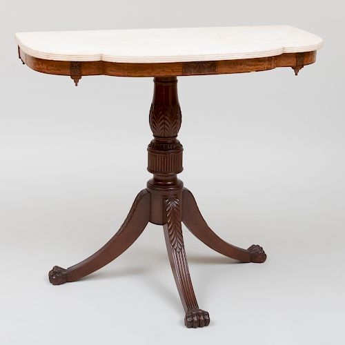 Fine Federal Carved Mahogany and Satinwood Console Table with a Marble Top, Attributed to the Workshop of Duncan Phyfe, New York