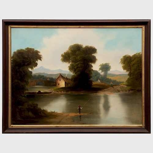 American School: River Landscape with Figures in a Boat, a Farmhouse Beyond