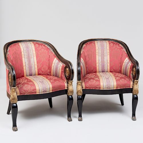 Pair of Classical Style Black Painted and Parcel-Gilt Armchairs, Modern