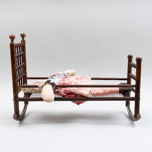 Stained Oak and Wire Doll's Cradle