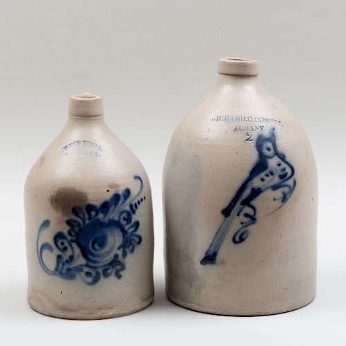 Two American Salt Glazed Crocks, Stamped West Troy Pottery and Richard C. Conell, Albany