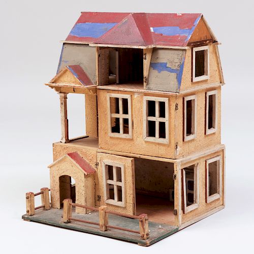 Large Three-Story Painted Wood and Stucco Doll House