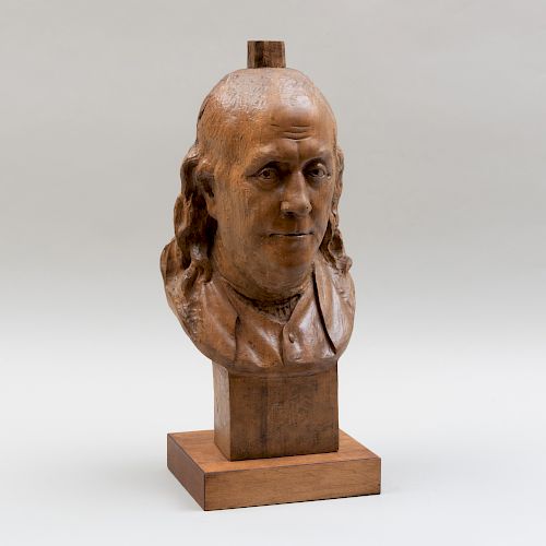 Carved Wood Bust of Benjamin Franklin, After a Model by Jean-Antoine Houdon