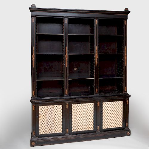 Aesthetic Movement Fruitwood Inlaid Black Painted Bookcase