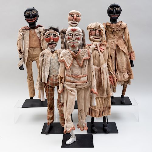 Unusual Group of Seven American Painted Wood and Cloth Articulated Marionettes