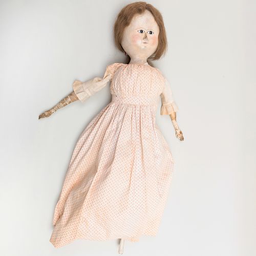 American 'Queen Anne' Painted Wood, Leather, Glass and Fabric Doll, New England