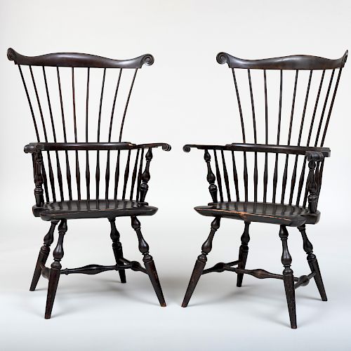 Pair of Wallace Nutting Black Painted Windsor Armchairs, Stamped