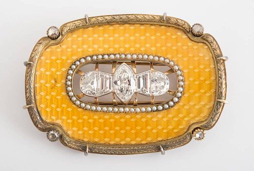 FABERGÉ SILVER-GILT, ENAMEL AND DIAMOND BUCKLE, CONVERTED TO A BROOCH, MICHAEL PERCHIN, ST. PETERSBURG