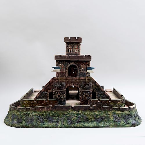 Painted Tin Glass and Wood Toy Castle, possibly German