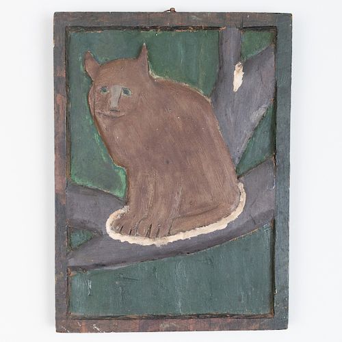 Primitive Painted Wood Cat in Bas-Relief