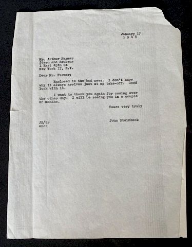 Letter Steinbeck sent to his Lawyer about Bad News