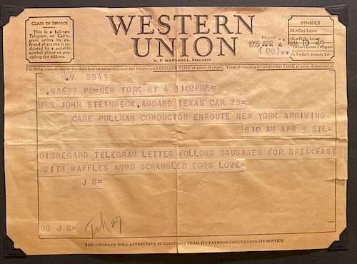 Telegram to Elaine from John Steinbeck April 1955