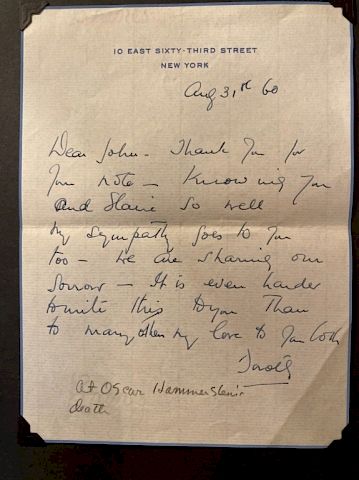 Letter about Oscar Hammerstein death from wife