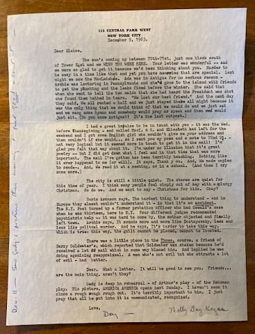 Letter from Molly Kazan after Kennedy was shot