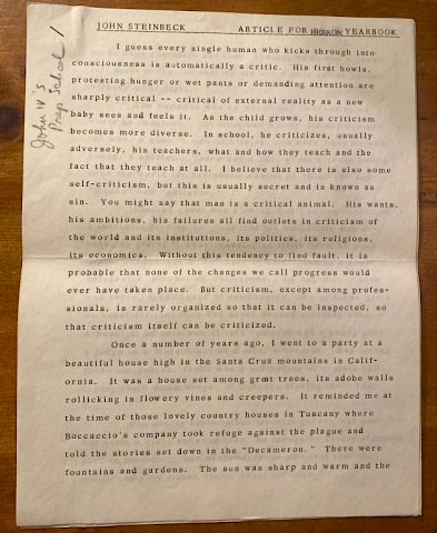Short Article by John Steinbeck for Sons School