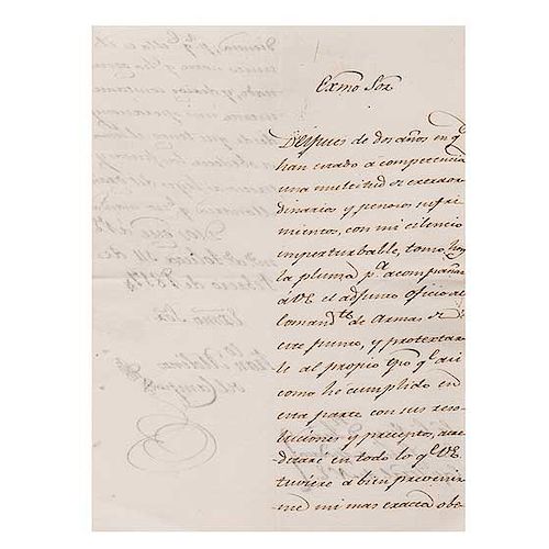 Molinos del Campo, Francisco. Carta dirigida al Virrey de la Nueva España Juan Cruz Ruiz de Apodaca. Méx, febrero 14 de 1817. Firma.