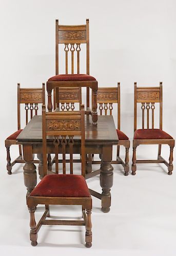 Antique Tudor Style Oak Table And 6 Chairs.