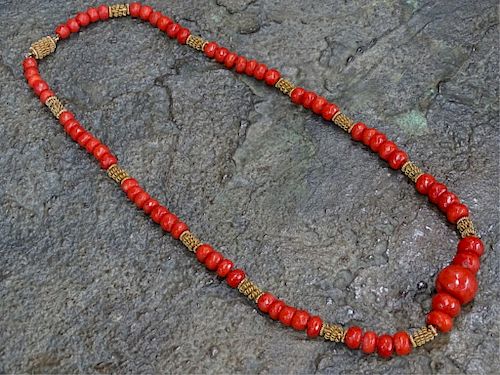 RARE Chinese 18K Faceted Beaded Coral Necklace