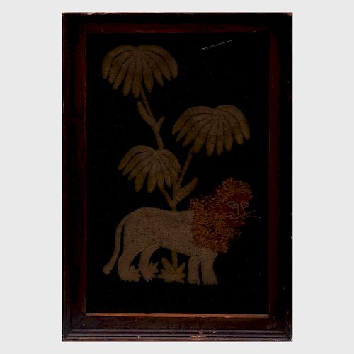 Hooked Wool and Silk Panel of a Lion with Silk Mane