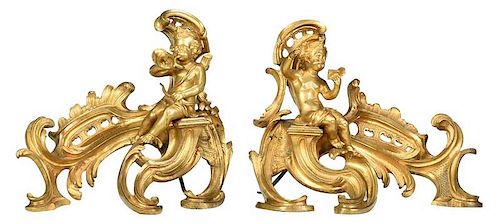 Louis XV Style Gilt Bronze Chenets with Putti