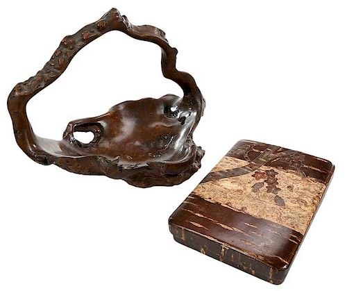 Japanese Lacquer Box and Burl Wood Tea Basket