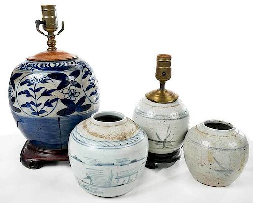 Four Blue and White Jars, Two Fitted As Lamps