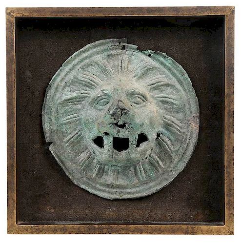 Framed Roman Bronze Lion Head Applique