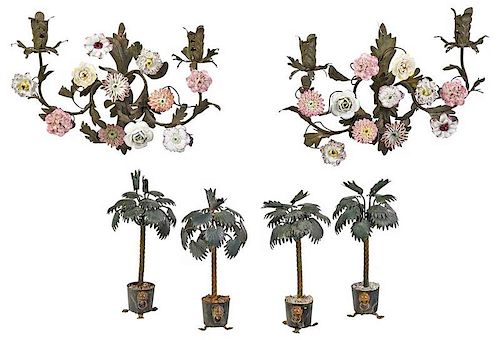 Pair Metal Floral Sconces, Palm Tree Sculptures
