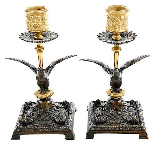 Pair Empire Style Bronze Eagle Candlesticks