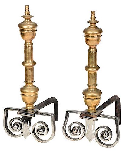 Pair of Brass and Silvered Iron Andirons