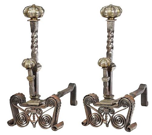 Large Pair Iron and Silvered Brass Andirons
