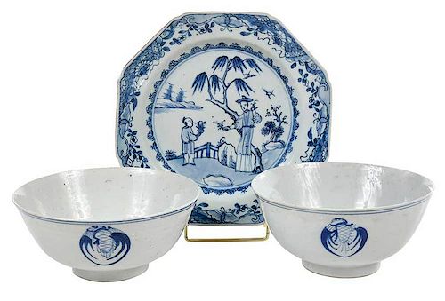 Two Asian Blue and White Bowls, One Plate