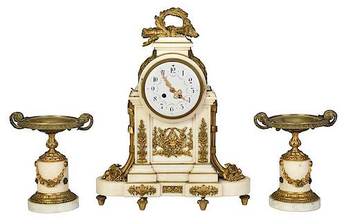Louis XVI Style Marble Clock and Garniture Set