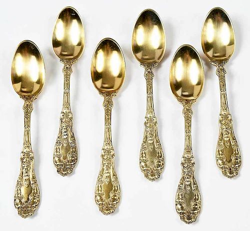 Six Gorham Paris Gilt Sterling Demitasse Spoons