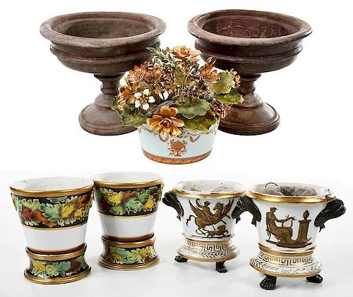 Two Pairs Porcelain Cache Pots, Three Planters