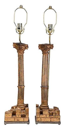 Pair of Gilt Wood and Plaster Column Form Lamps