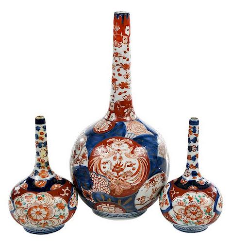 Three Japanese Imari Bottle Vases