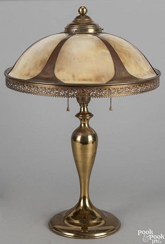 Slag glass and brass table lamp, early 20th c., 25'' h.