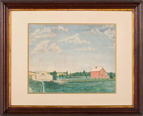 Folk Art Watercolor of a Homestead 