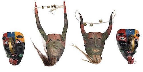 Four Carved and Polychrome Latin American Masks