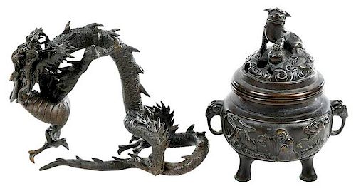 Chinese Bronze Dragon and Lidded Censer