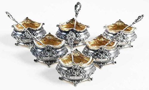 Set of Six Silver Open Salts and Matching Spoons